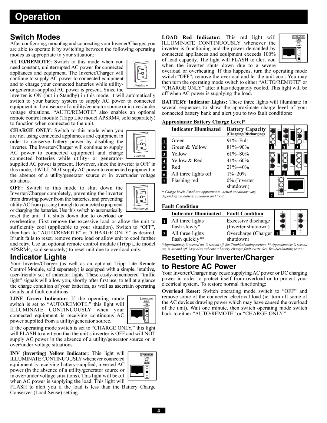 Tripp Lite APSX6048VR owner manual Operation, Switch Modes, Indicator Lights 