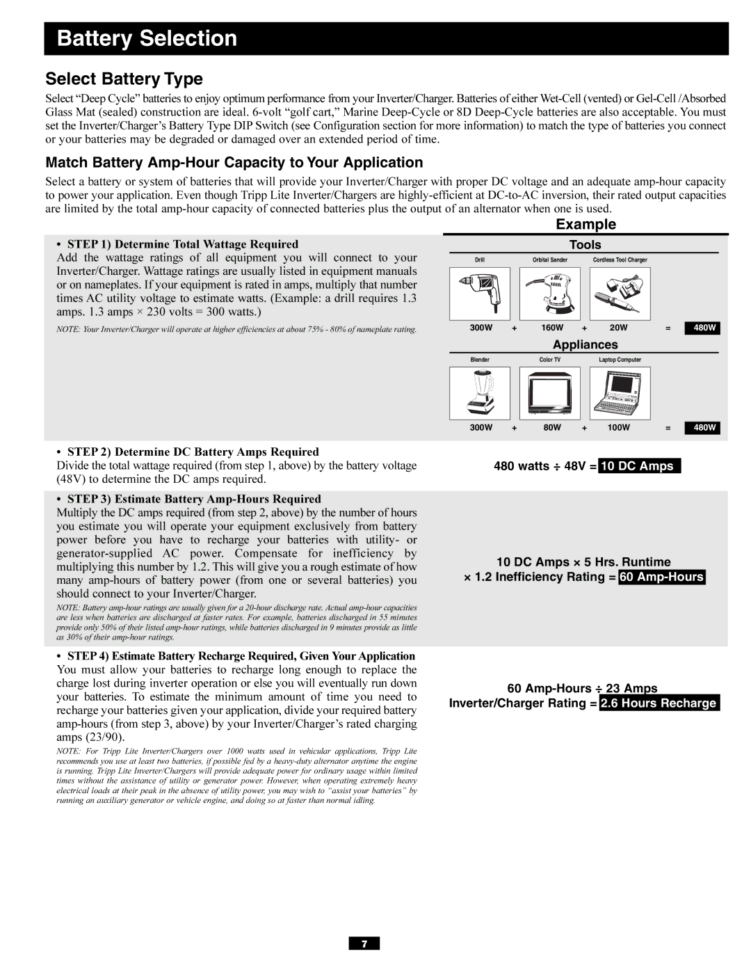 Tripp Lite APSX6048VR Battery Selection, Select Battery Type, Match Battery Amp-Hour Capacity to Your Application, Example 