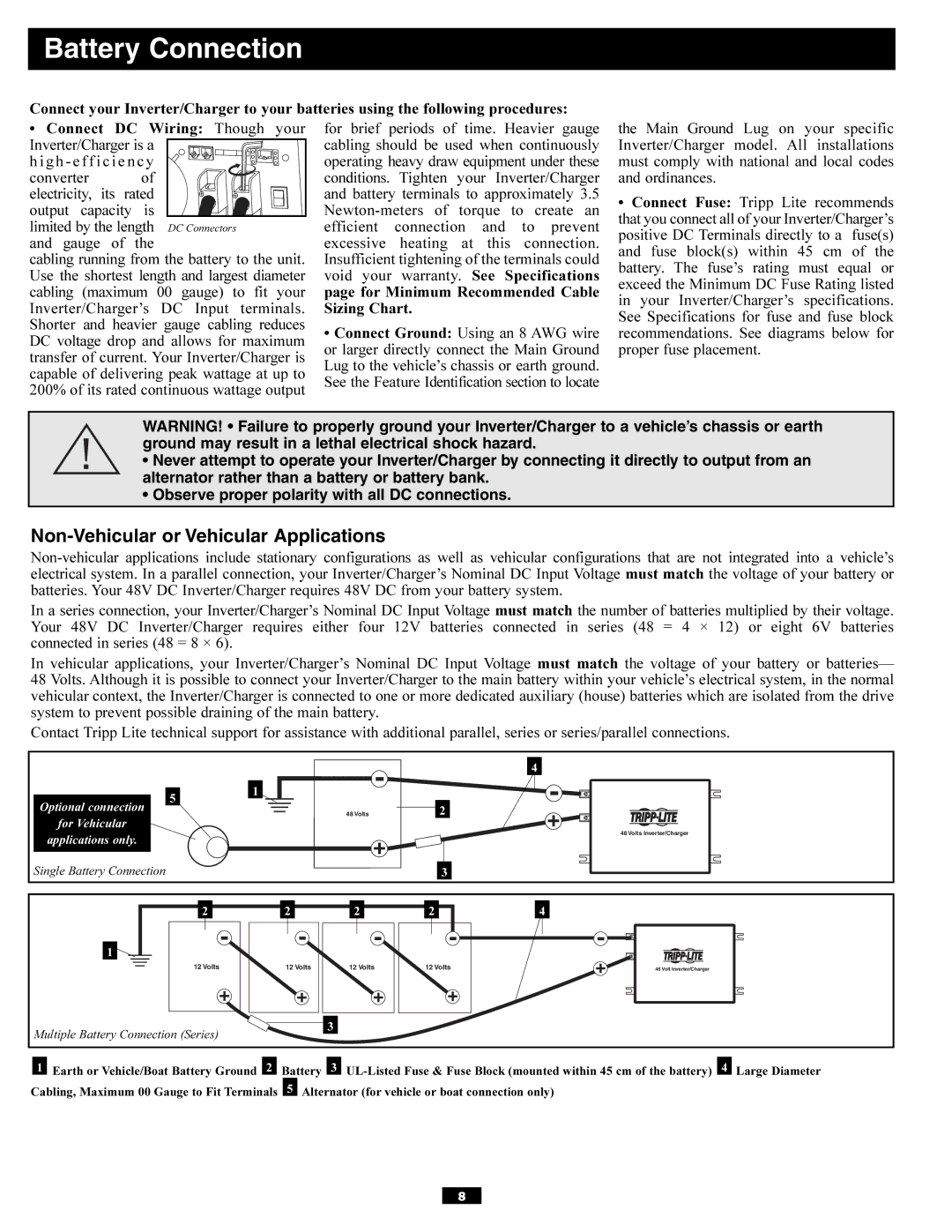 Tripp Lite APSX6048VR owner manual Battery Connection, Non-Vehicular or Vehicular Applications 