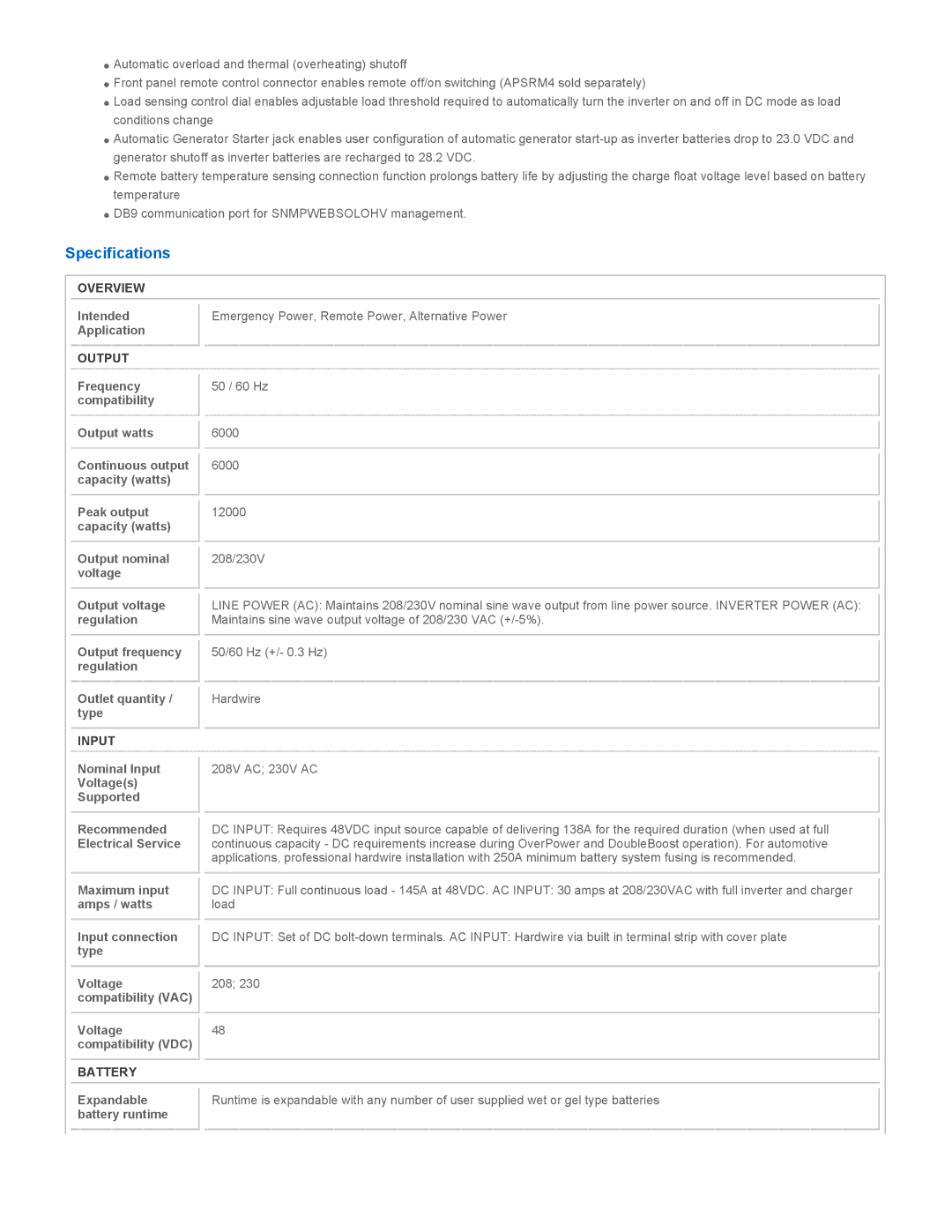 Tripp Lite APSX6048VRNET owner manual Specifications, Overview, Output, Input, Battery 