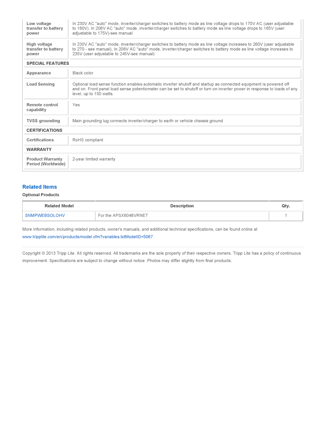 Tripp Lite APSX6048VRNET owner manual Related Items, Special Features, Certifications, Warranty 