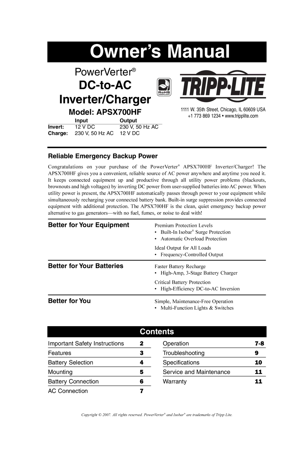 Tripp Lite APSX700HF owner manual DC-to-AC Inverter/Charger, Contents 