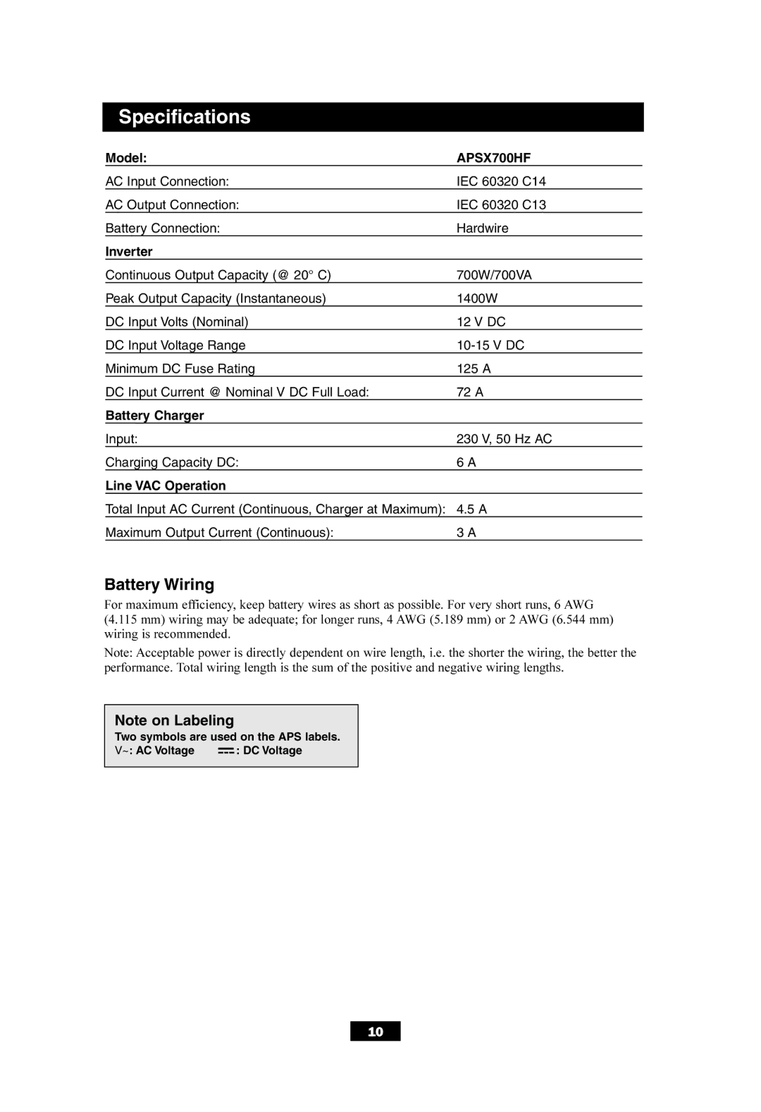 Tripp Lite APSX700HF owner manual Specifications, Battery Wiring 