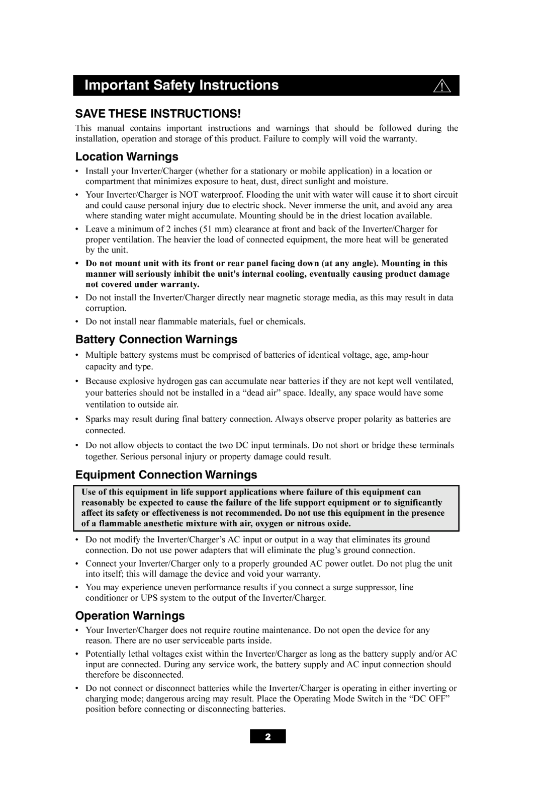 Tripp Lite APSX700HF Important Safety Instructions, Location Warnings, Battery Connection Warnings, Operation Warnings 