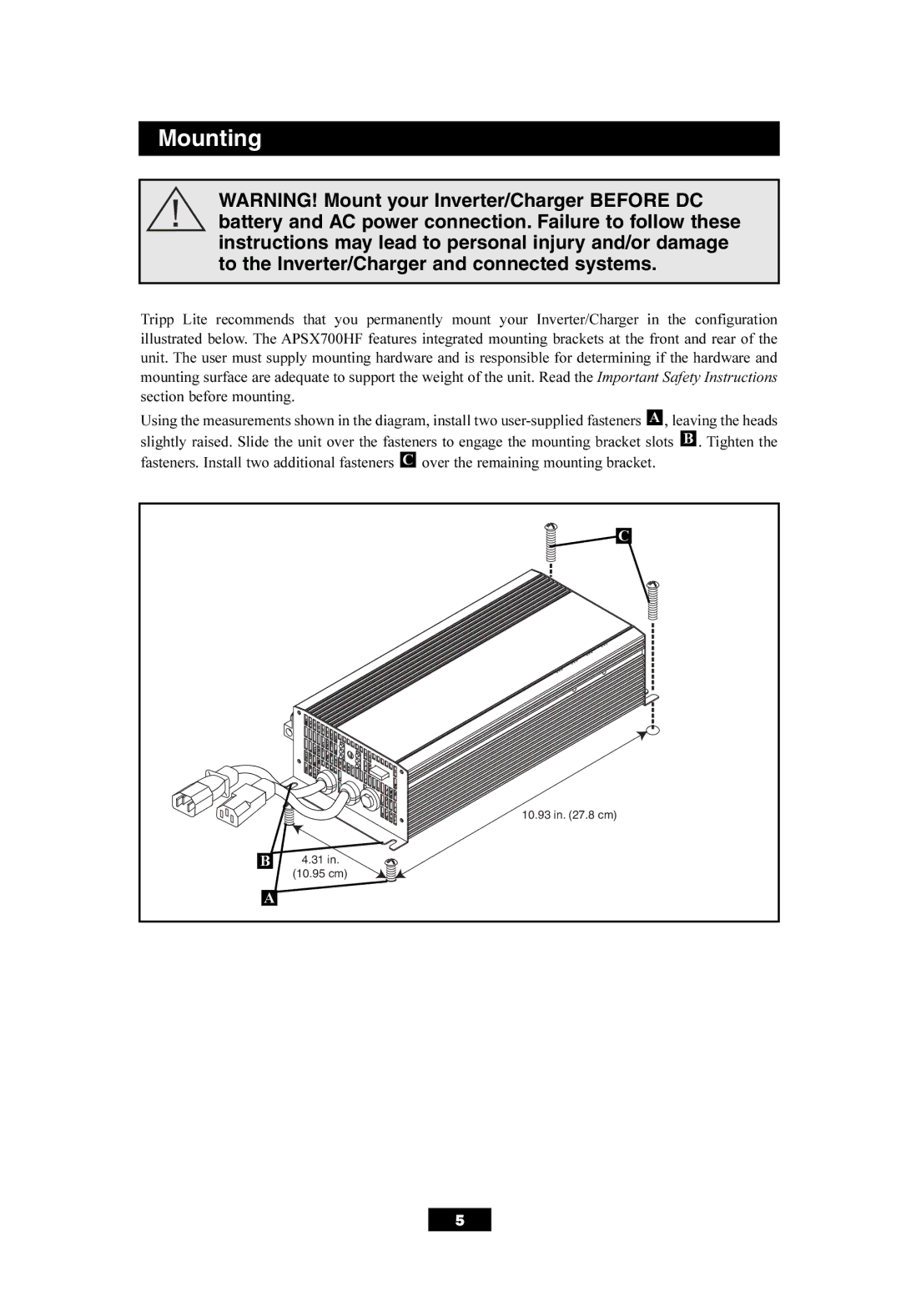 Tripp Lite APSX700HF owner manual Mounting 