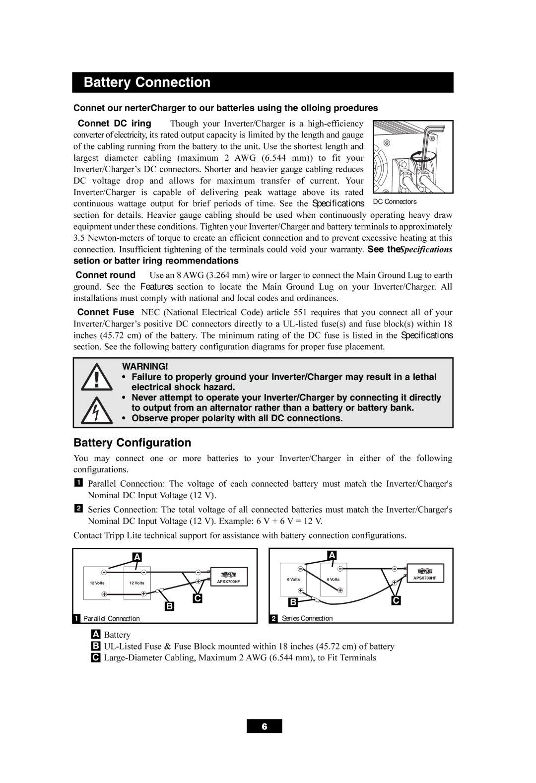 Tripp Lite APSX700HF owner manual Battery Connection, Battery Configuration 