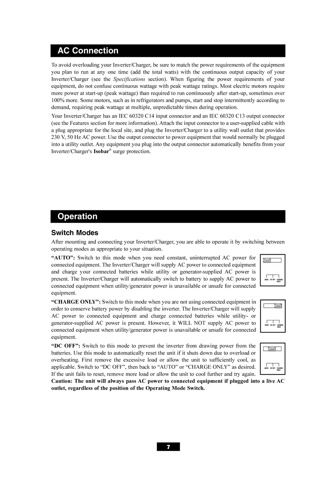 Tripp Lite APSX700HF owner manual AC Connection, Operation, Switch Modes 