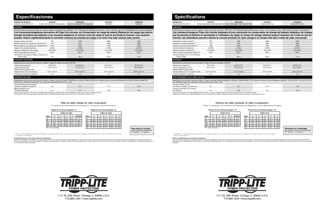 Tripp Lite APSX2012, APSX750, APSX2424, APSX1250 Inversor, Cargador DE Batería, Operación DE Línea, Onduleur, Chargeur 