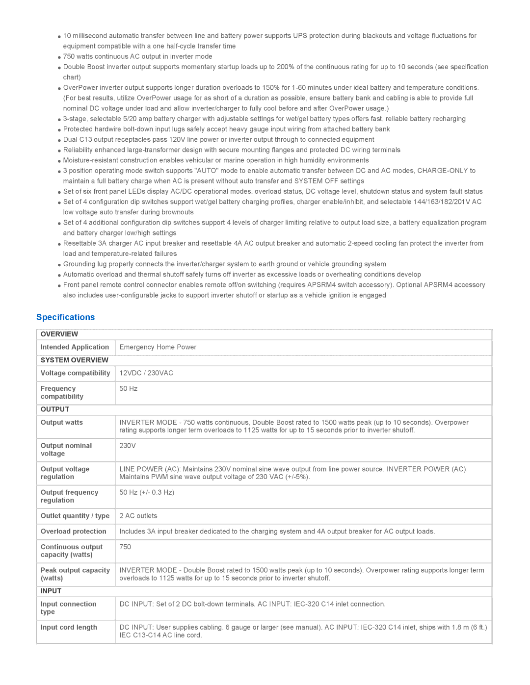 Tripp Lite APSX750F specifications Specifications, System Overview, Output, Input 