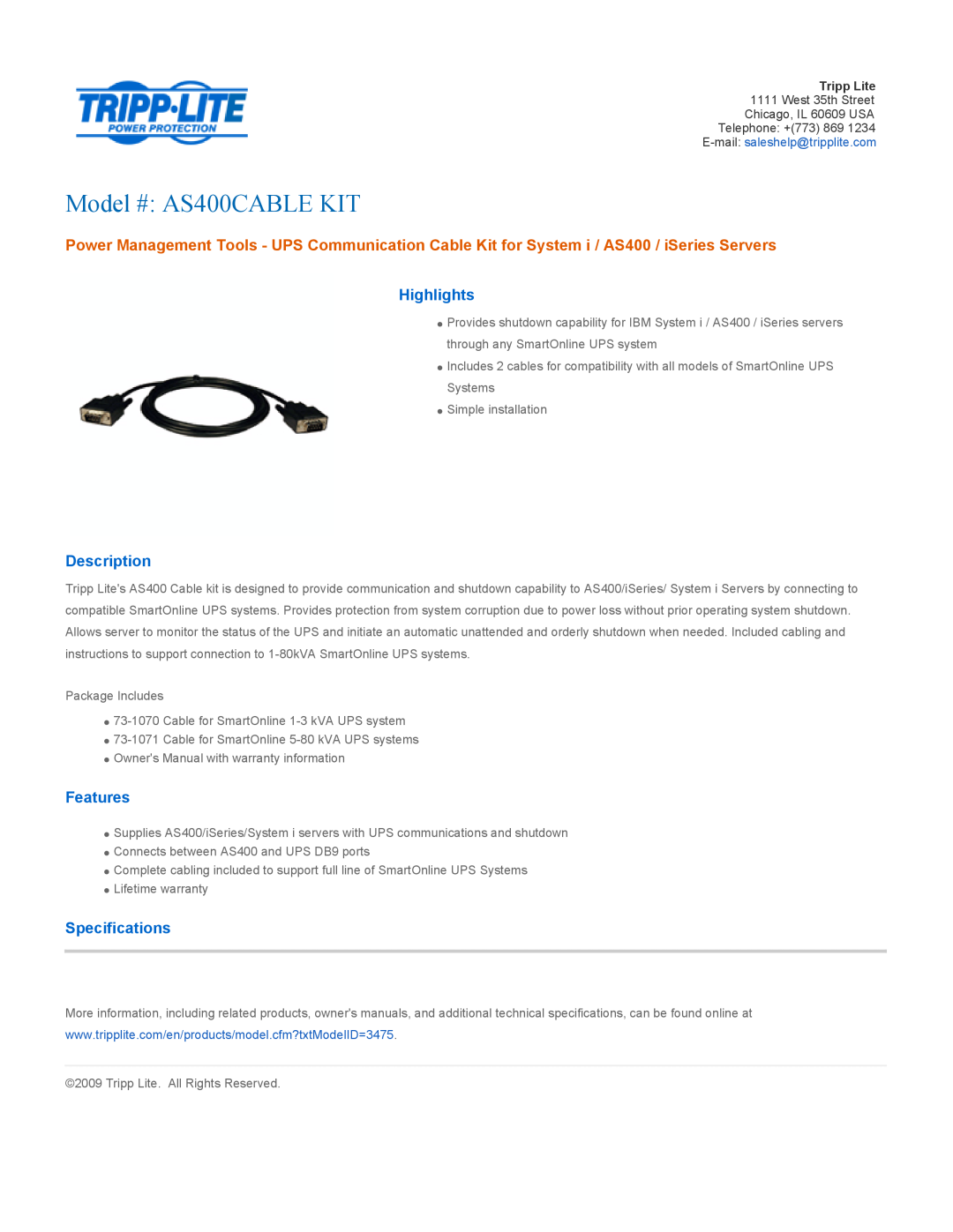 Tripp Lite specifications Model # AS400CABLE KIT, Highlights, Description, Features, Specifications 