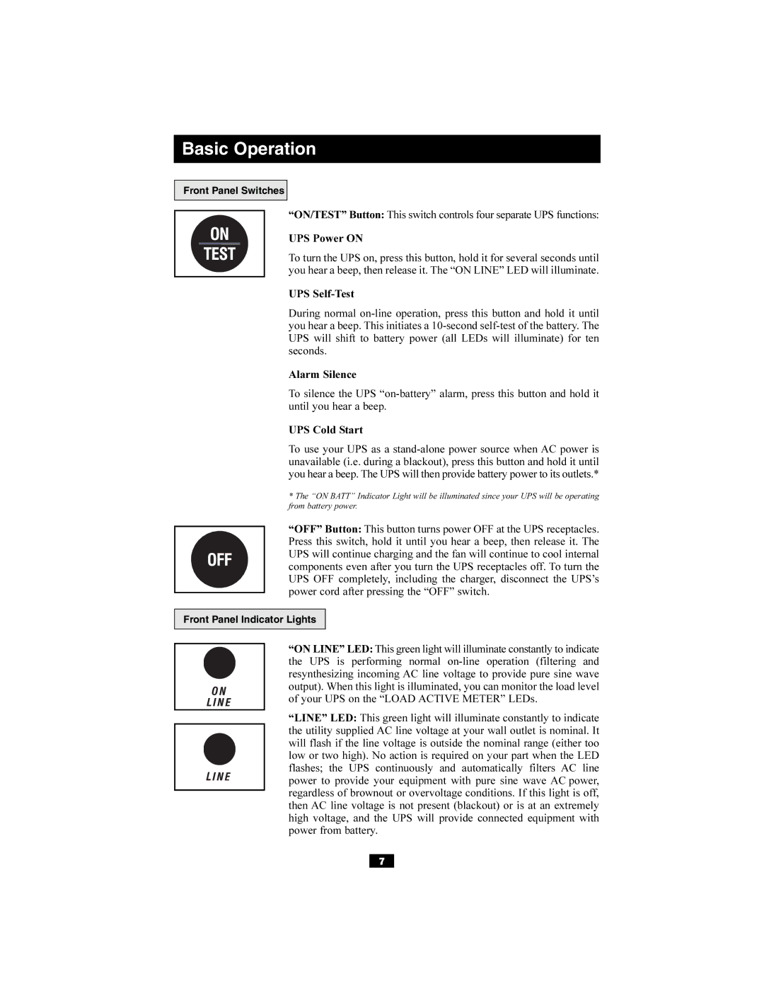 Tripp Lite Audio/Video On-Line UPS System owner manual Front Panel Switches 