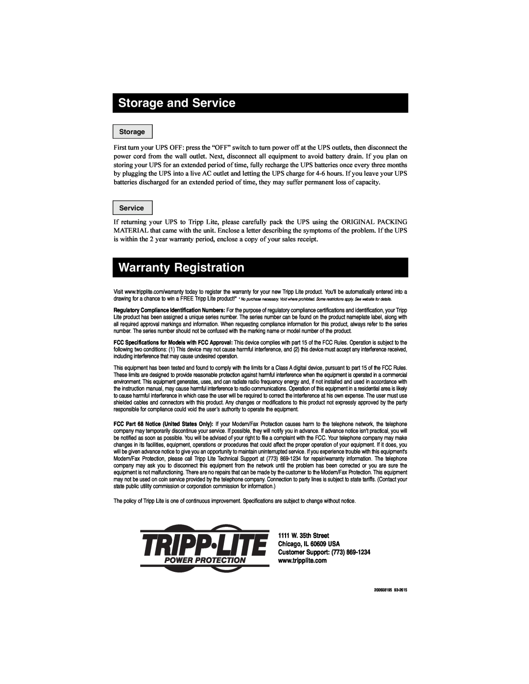 Tripp Lite Audio/Video Pure Sine Wave UPS System owner manual Storage and Service, Warranty Registration 