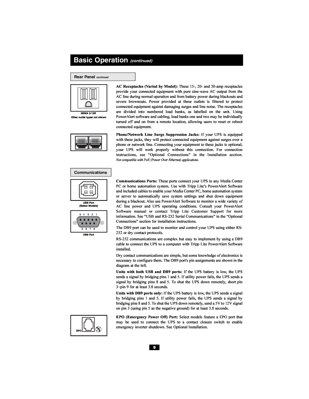 Tripp Lite Audio/Video Pure Sine Wave UPS System Basic Operation continued, Rear Panel continued, Communications 