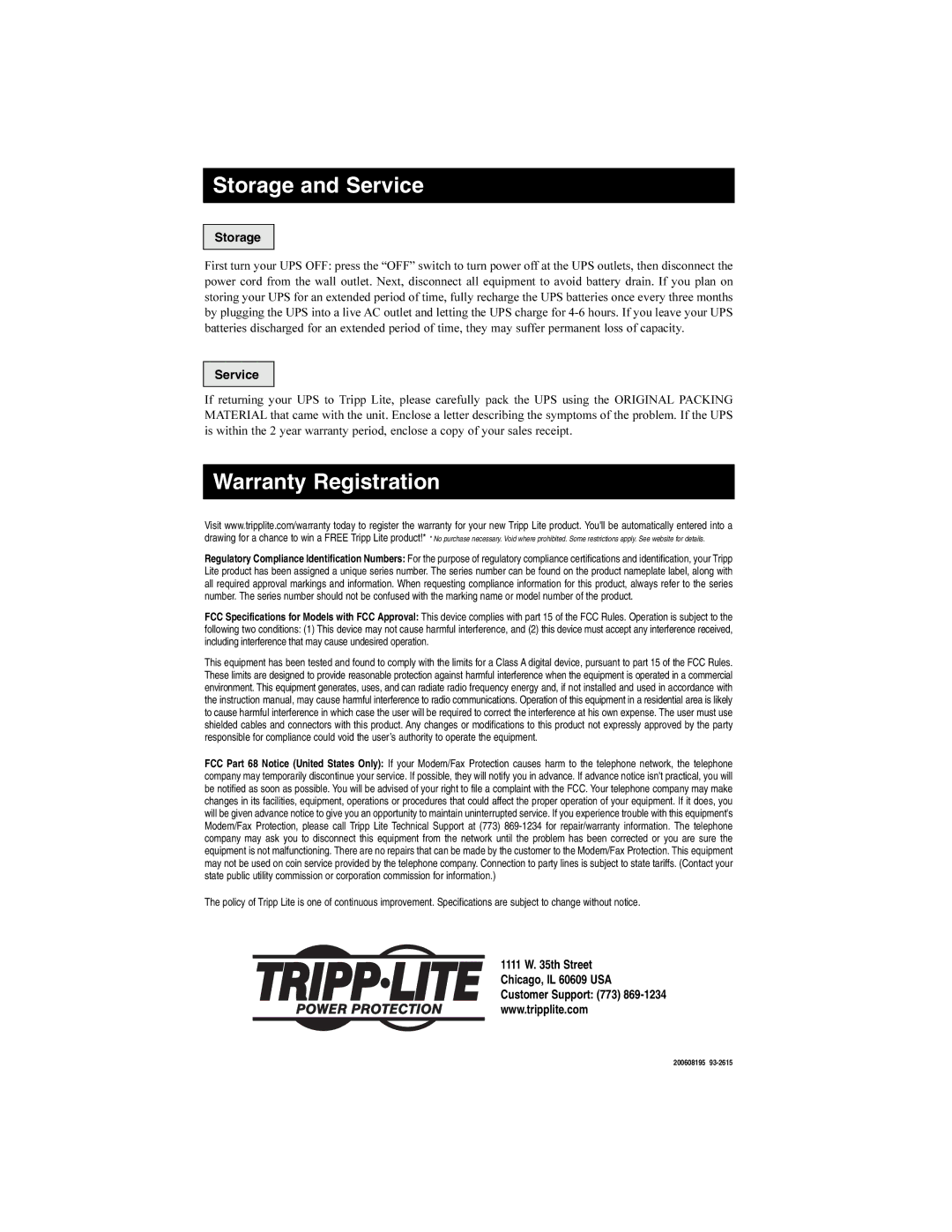 Tripp Lite Audio/Video Pure Sine Wave UPS System owner manual Storage, Service 