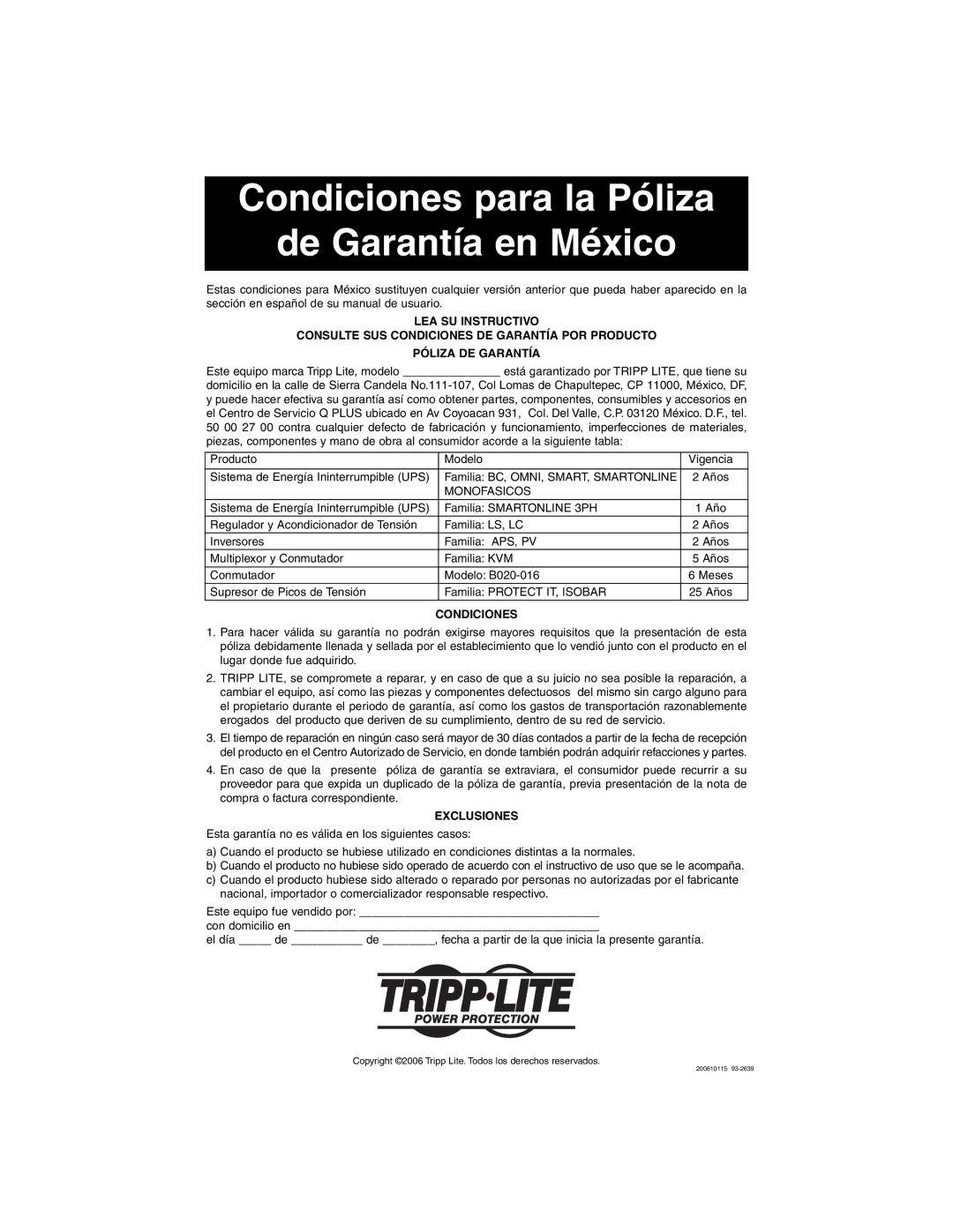 Tripp Lite Audio/Video Pure Sine Wave UPS System owner manual Condiciones para la Póliza De Garantía en México 