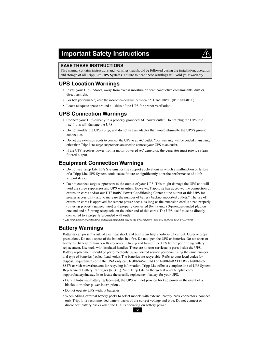 Tripp Lite Audio/Video Pure Sine Wave UPS System owner manual Important Safety Instructions 