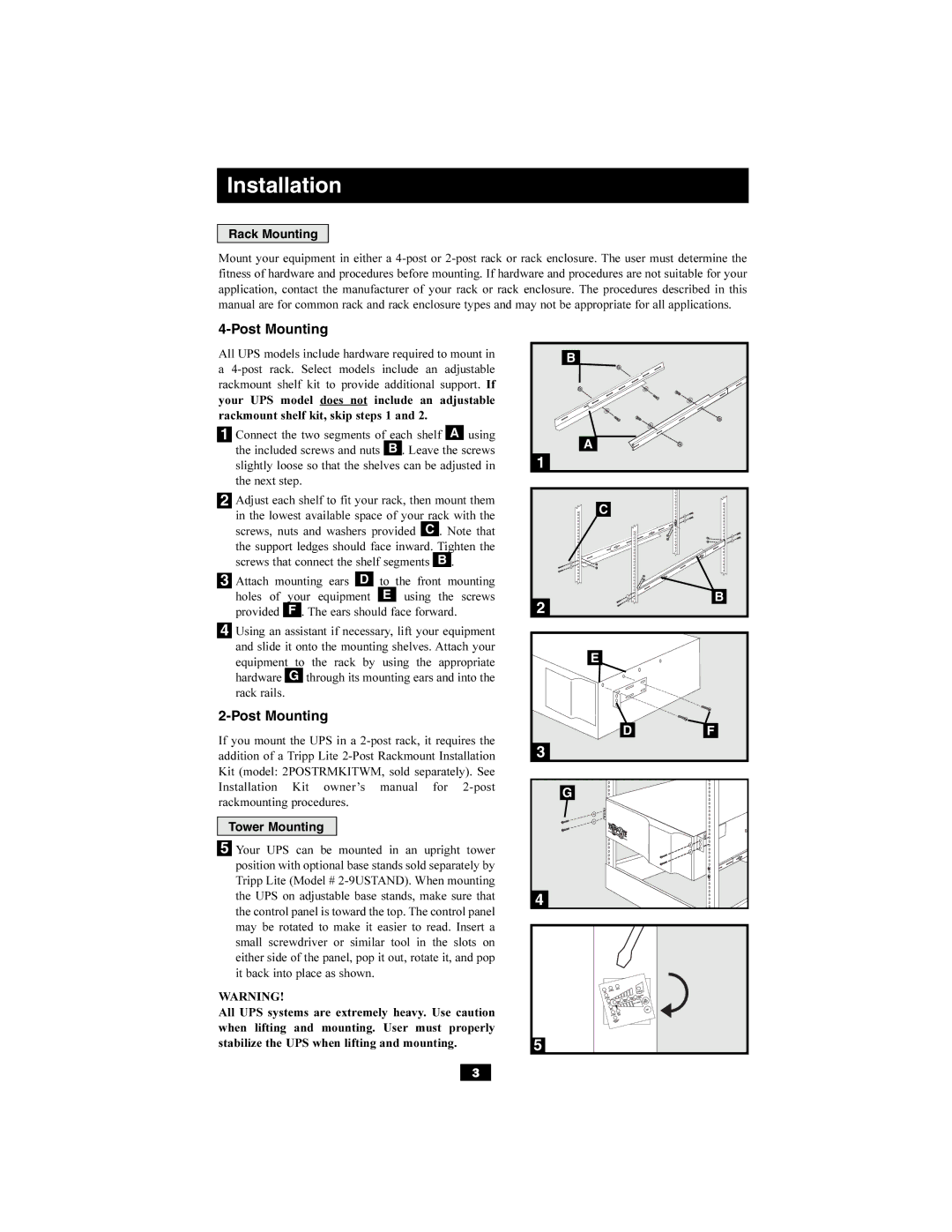 Tripp Lite Audio/Video Pure Sine Wave UPS System owner manual Rack Mounting, Tower Mounting 