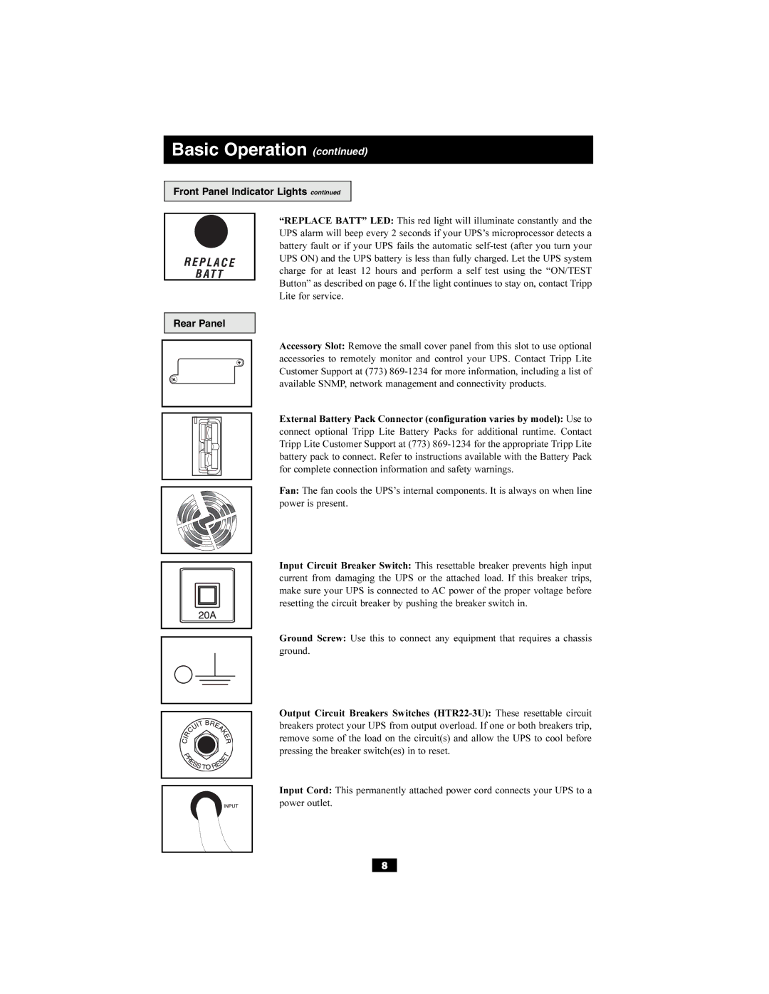 Tripp Lite Audio/Video Pure Sine Wave UPS System owner manual Front Panel Indicator Lights Rear Panel 