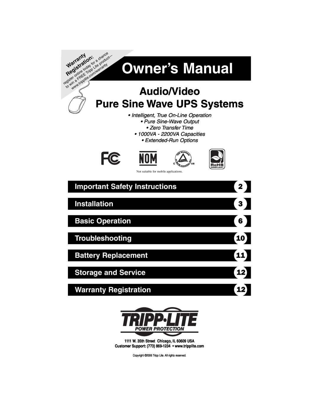 Tripp Lite Audio/Video Pure Sine Wave UPS Systems owner manual Important Safety Instructions, Installation, Owner’s Manual 