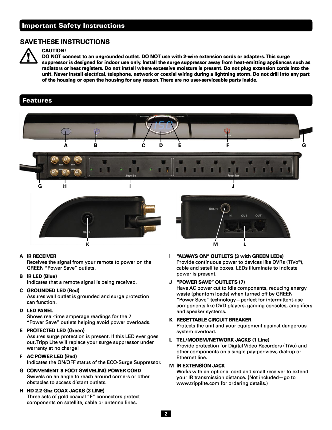 Tripp Lite AV10IRG owner manual Save These Instructions, Important Safety Instructions, Features 