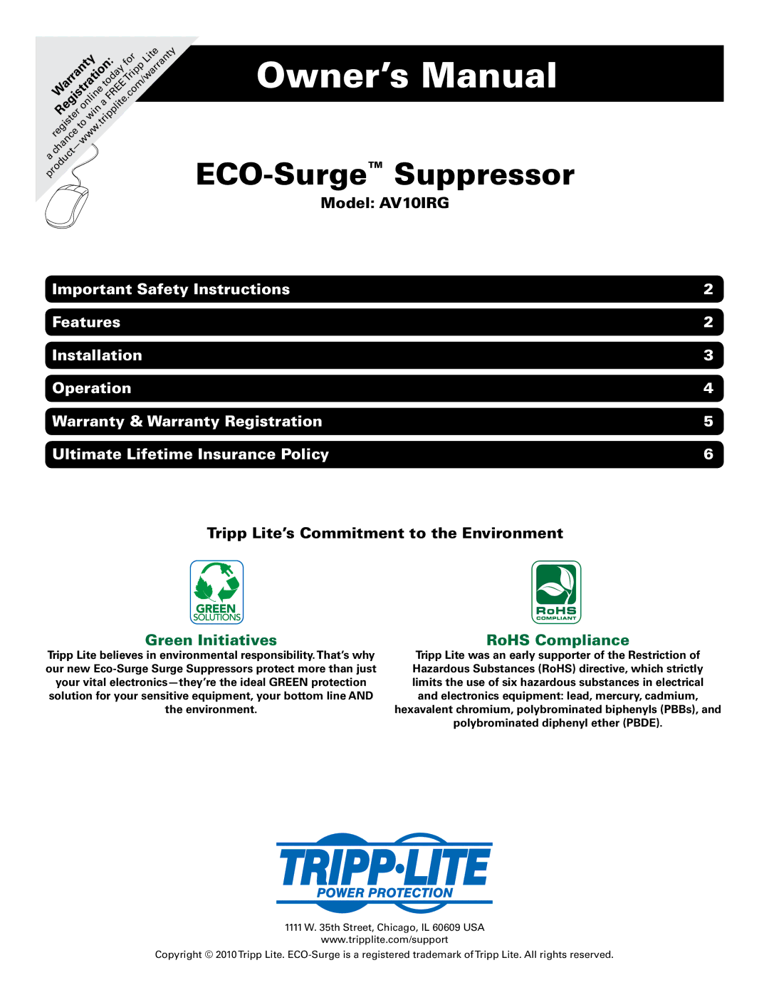 Tripp Lite AV10IRG owner manual ECO-SurgeSuppressor 