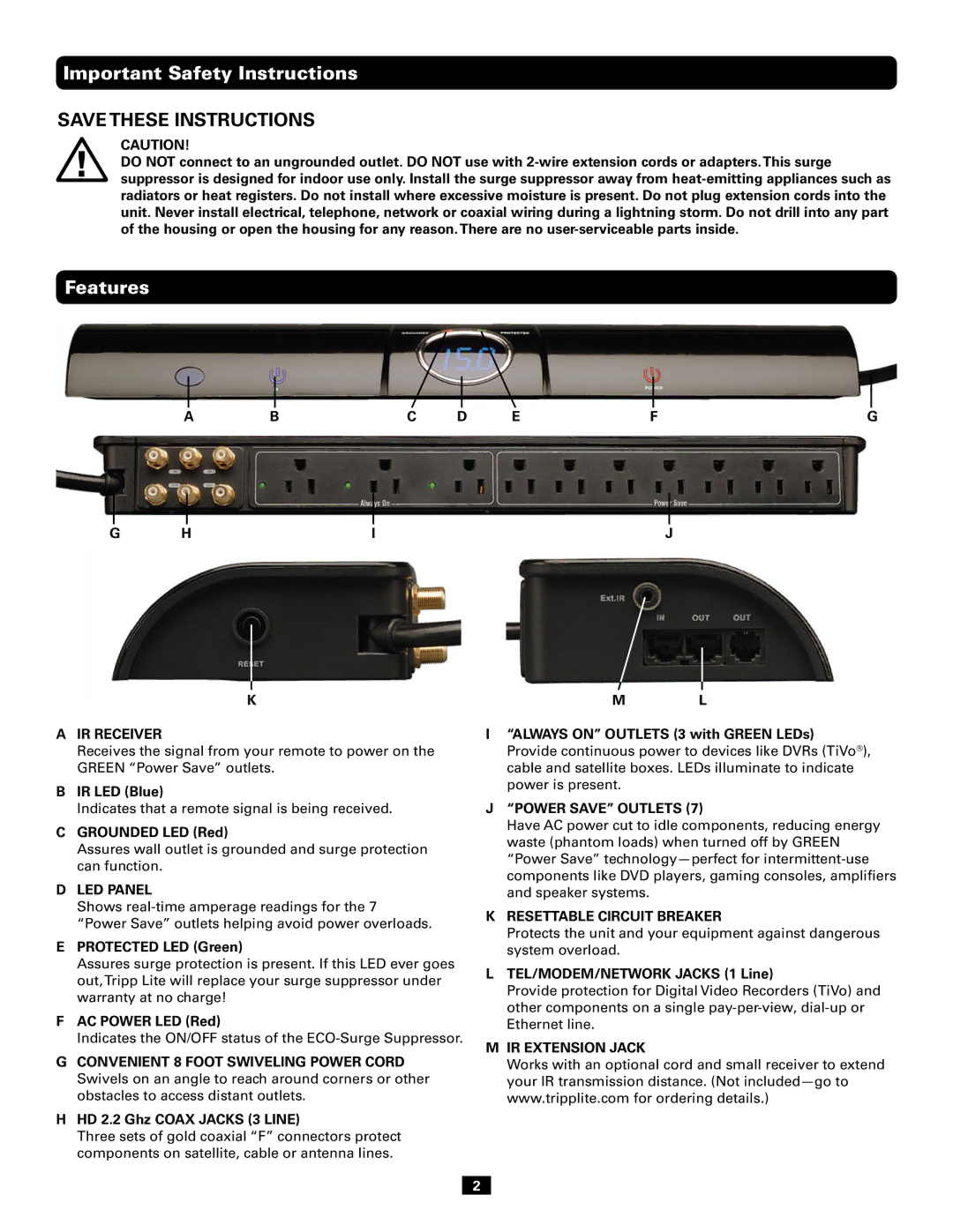 Tripp Lite AV10IRG BC D IR Receiver, LED Panel, Efg, Power Save Outlets, Resettable Circuit Breaker, IR Extension Jack 