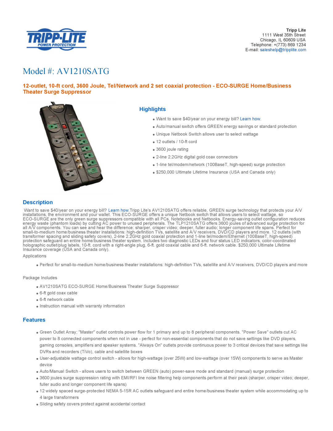 Tripp Lite instruction manual Highlights, Description, Features, Model # AV1210SATG 