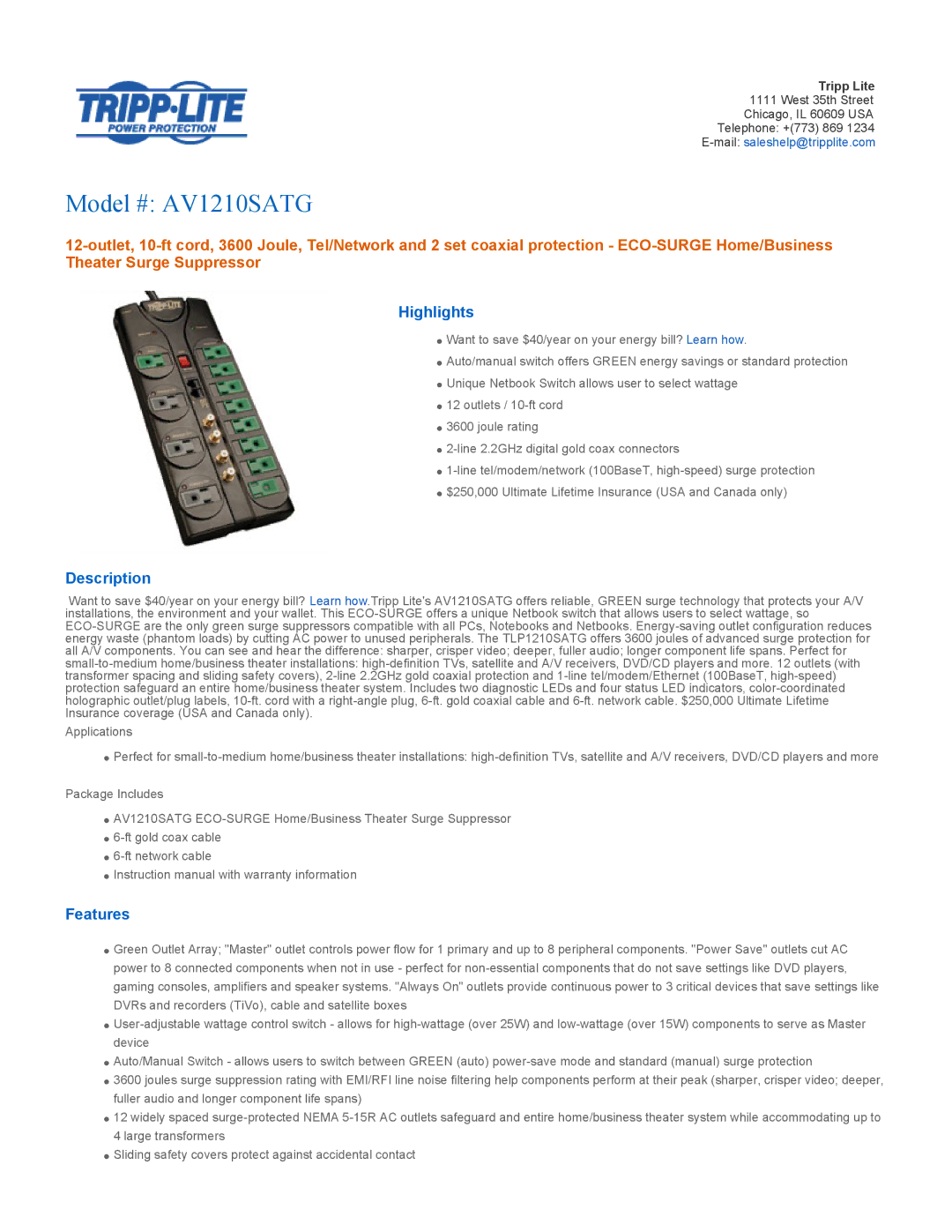 Tripp Lite AV1210SATG instruction manual Highlights, Description, Features 