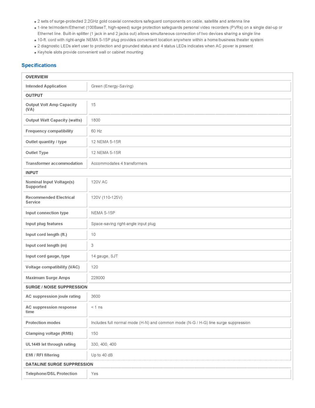 Tripp Lite AV1210SATG instruction manual Specifications 