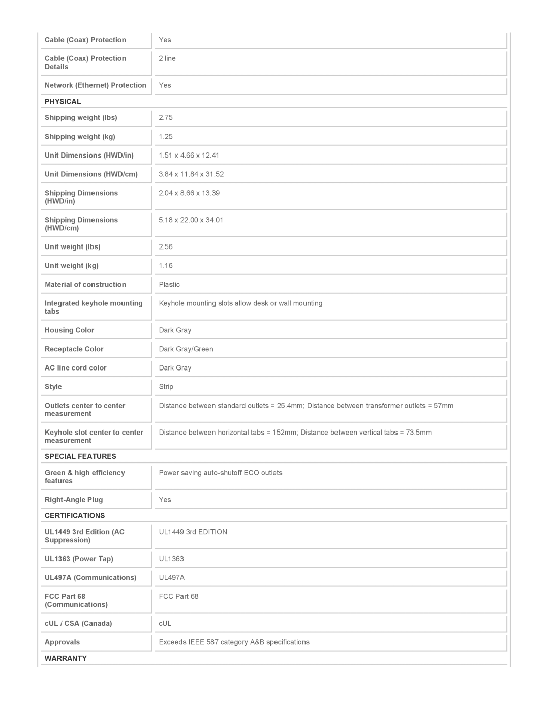 Tripp Lite AV1210SATG instruction manual Physical, Special Features, Certifications, Warranty 