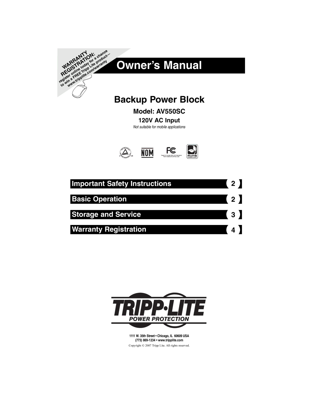 Tripp Lite AV550SC owner manual Backup Power Block 