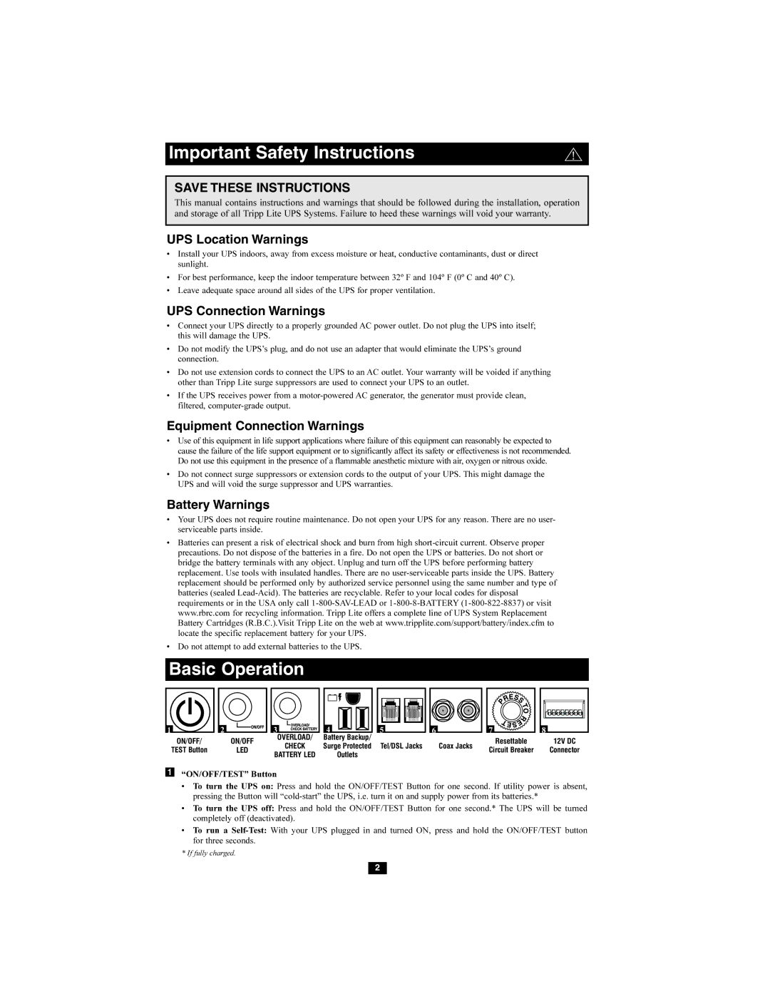 Tripp Lite AV550SC UPS Location Warnings, UPS Connection Warnings, Equipment Connection Warnings, Battery Warnings 