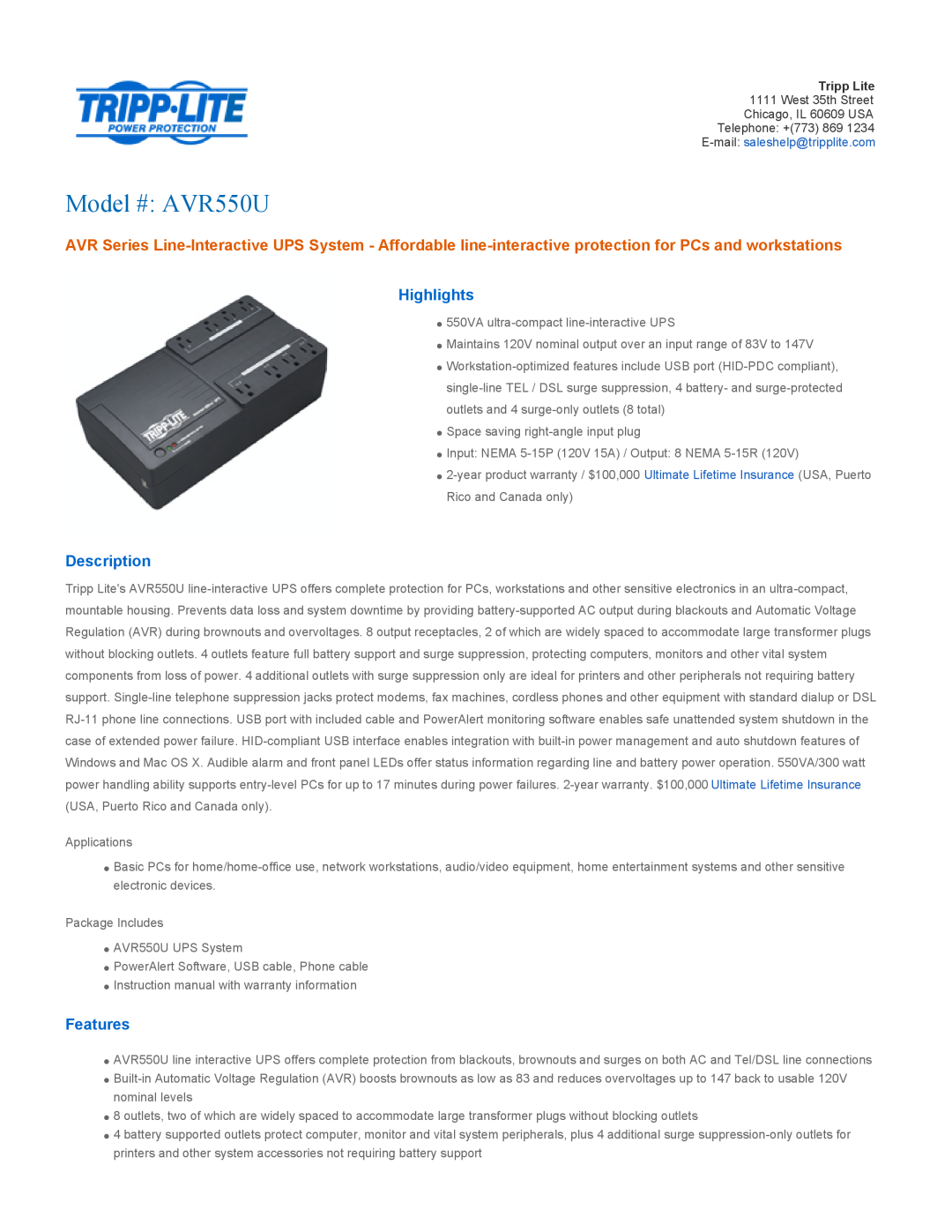Tripp Lite AVR Series warranty Highlights, Description, Features, Model # AVR550U 