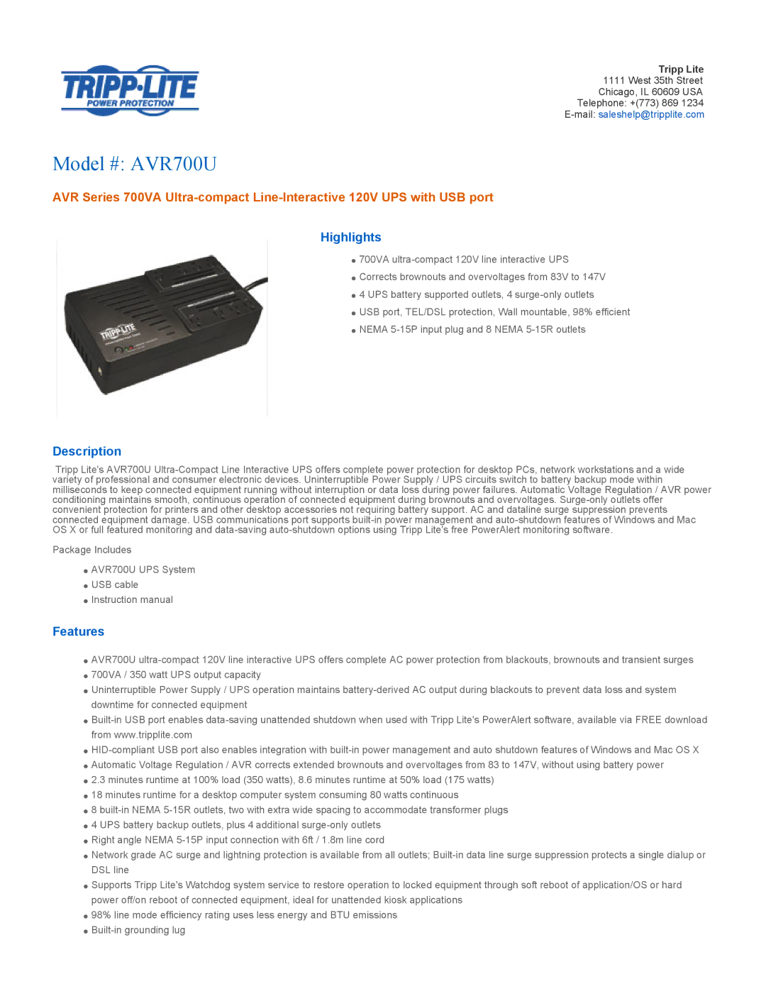 Tripp Lite AVR700U instruction manual Highlights, Description, Features, Tripp Lite 