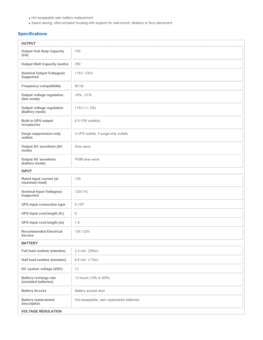 Tripp Lite AVR700U instruction manual Specifications, Output, Input, Battery, Voltage Regulation 