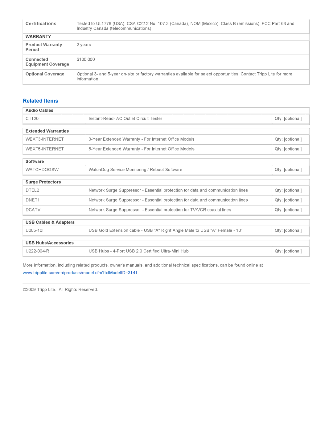 Tripp Lite AVR750U warranty Related Items, Certifications, Product Warranty Period, Optional Coverage 