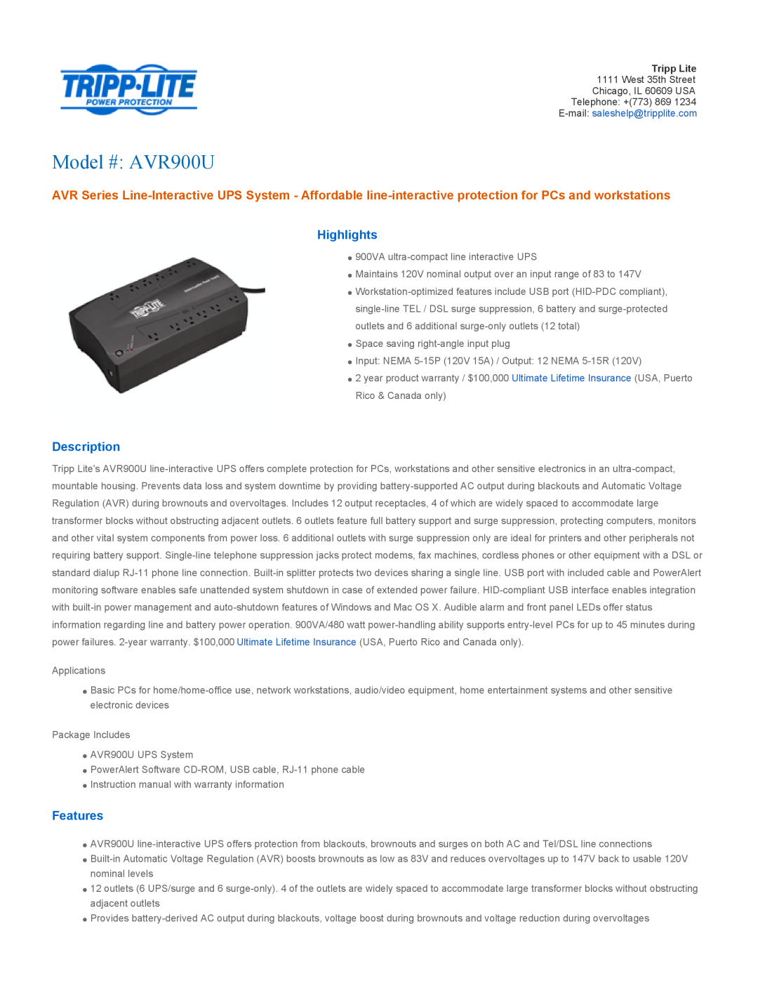 Tripp Lite warranty Highlights, Description, Features, Model # AVR900U 