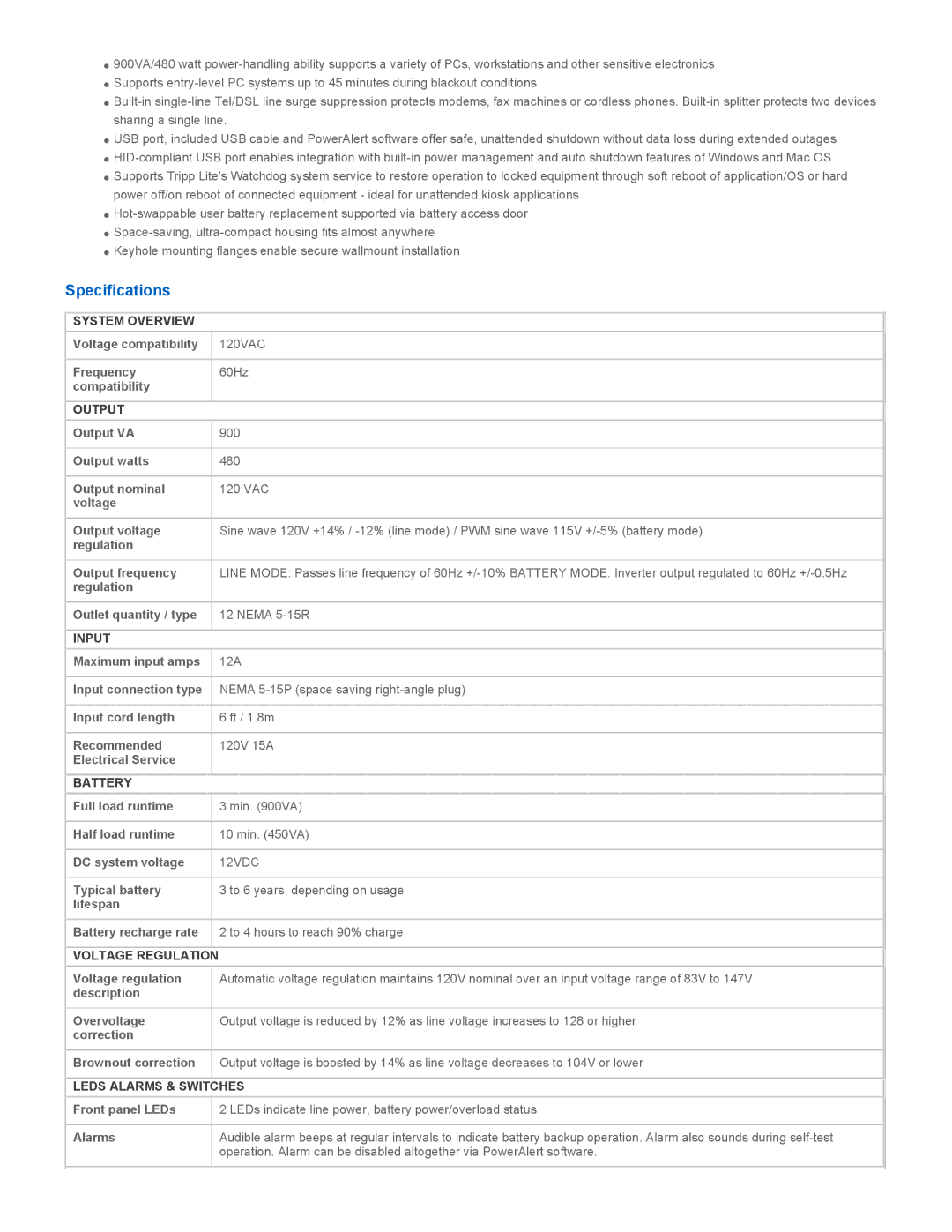 Tripp Lite AVR900U warranty Specifications 