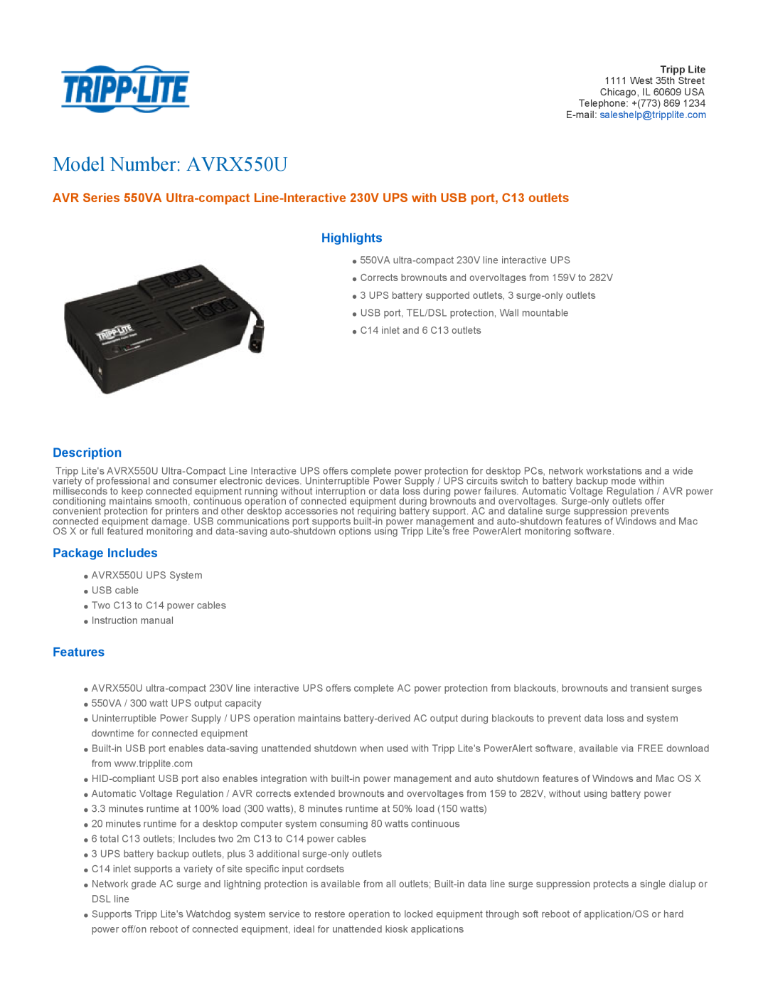 Tripp Lite owner manual Owner’s Manual, AVRX550U & AVRX750U UPS Systems, Important Saftey Instructions, Features 