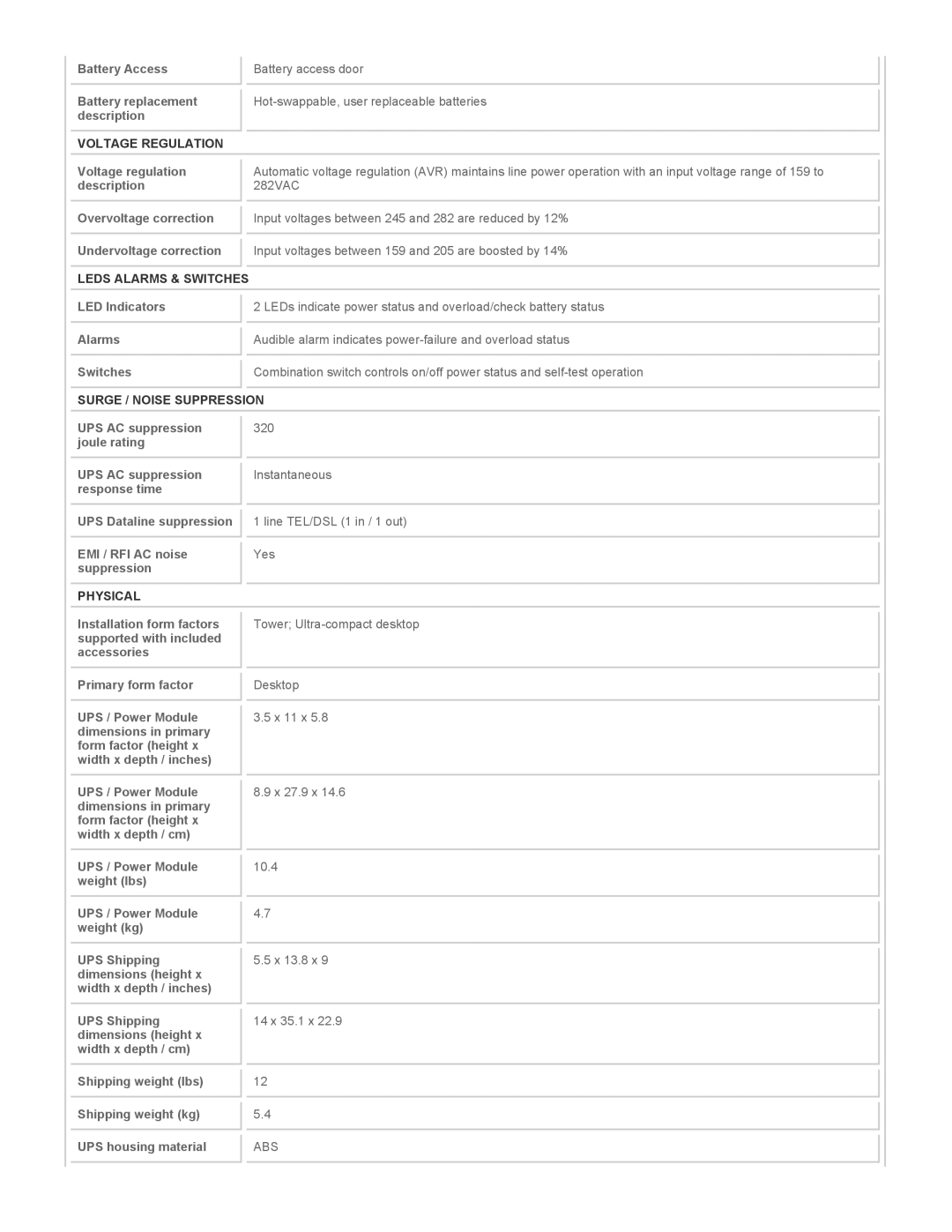 Tripp Lite AVRX550U instruction manual Voltage Regulation, Leds Alarms & Switches, Surge / Noise Suppression, Physical 