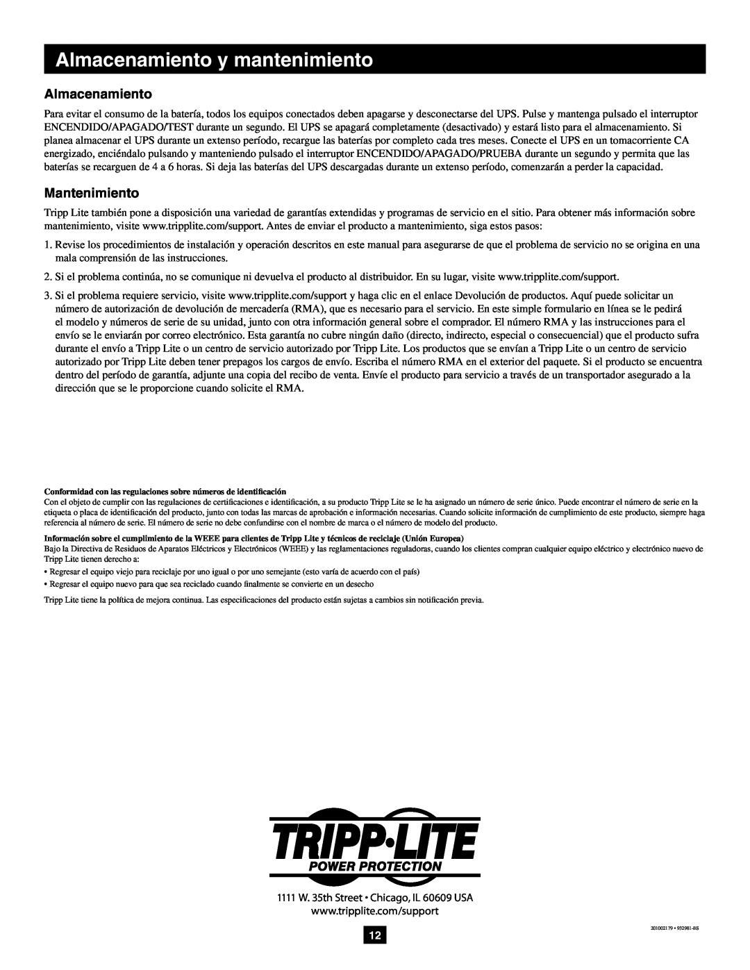 Tripp Lite AVRX750U, AVRX550U owner manual Mantenimiento, Almacenamiento y mantenimiento 