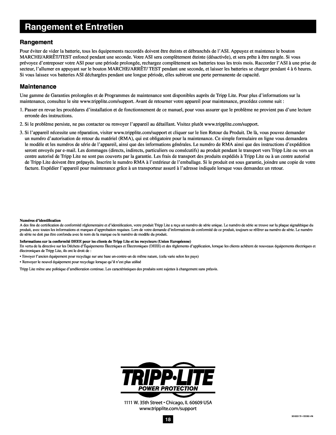 Tripp Lite AVRX750U, AVRX550U owner manual Rangement et Entretien, Maintenance 