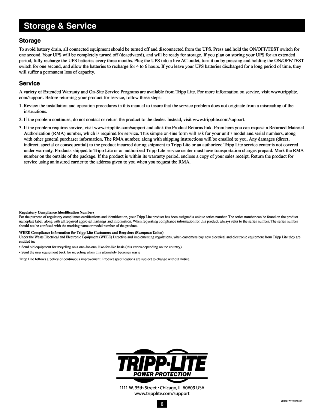 Tripp Lite AVRX750U, AVRX550U owner manual Storage & Service, Regulatory Compliance Identification Numbers 