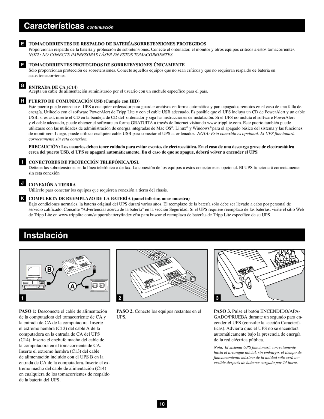 Tripp Lite AVRX750U, AVRX550U Características continuación, Tomacorrientes Protegidos DE Sobretensiones Únicamente 