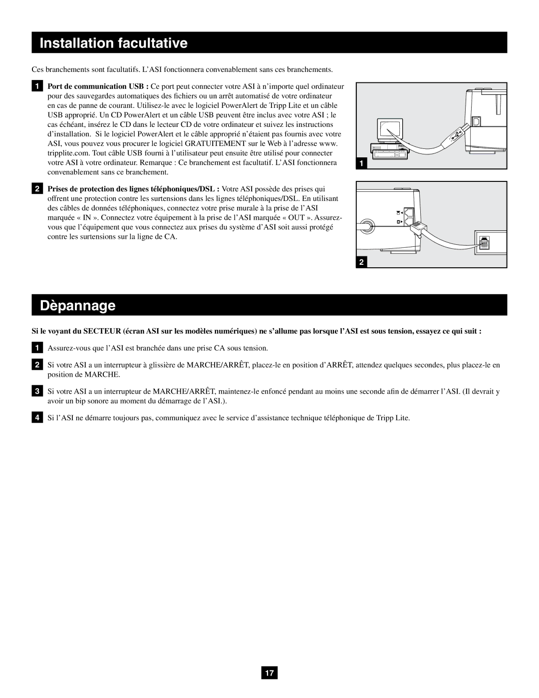 Tripp Lite AVRX550U, AVRX750U owner manual Installation facultative, Dèpannage 