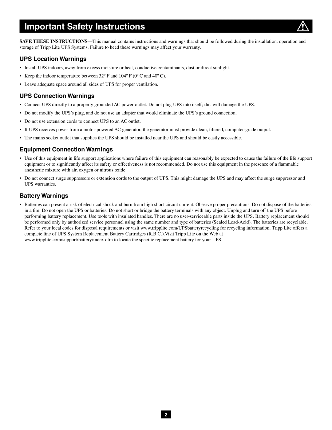 Tripp Lite AVRX750U Important Safety Instructions, UPS Location Warnings, UPS Connection Warnings, Battery Warnings 