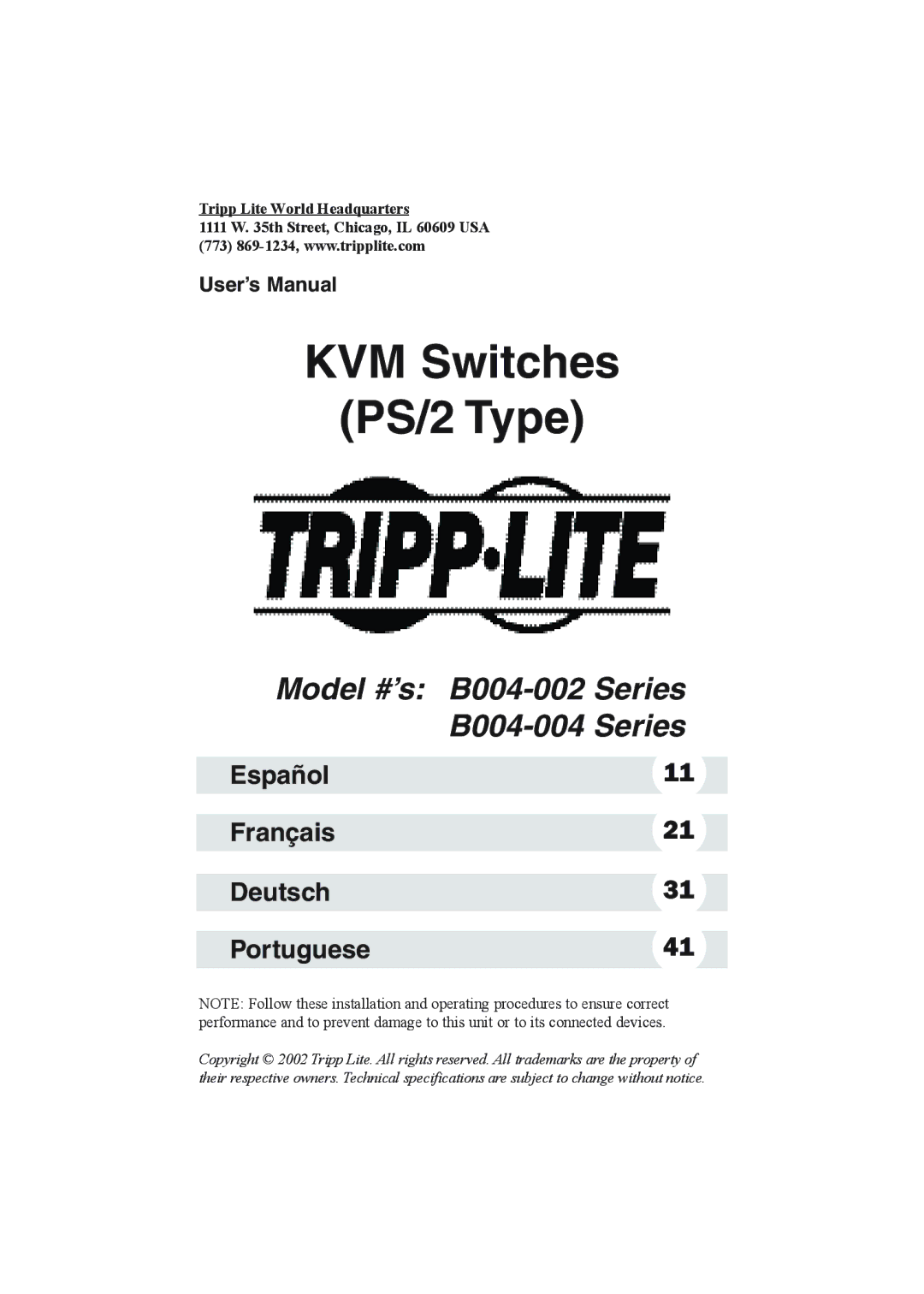 Tripp Lite B004-002 Series, B004-004 Series user manual KVM Switches PS/2 Type 