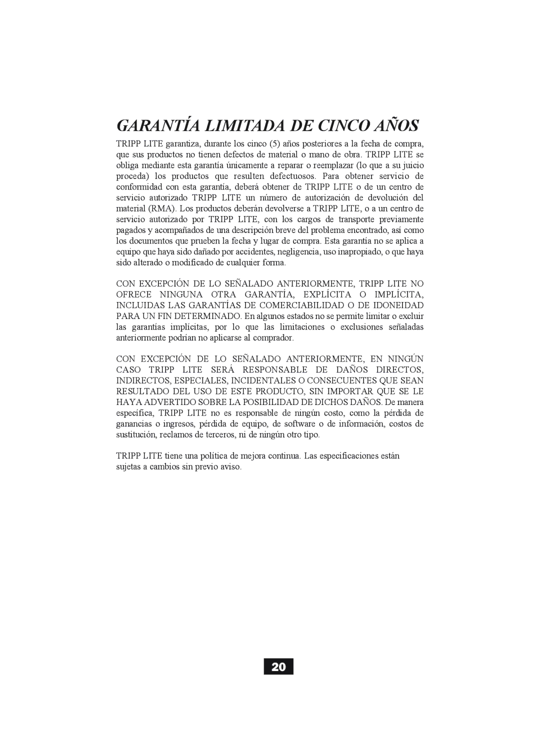 Tripp Lite B004-004 Series, B004-002 Series user manual Garantía Limitada DE Cinco Años 