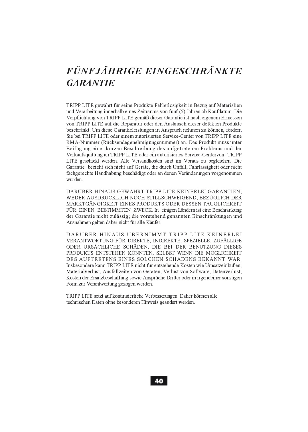 Tripp Lite B004-004 Series, B004-002 Series user manual Fünfjährige Eingeschränkte Garantie 