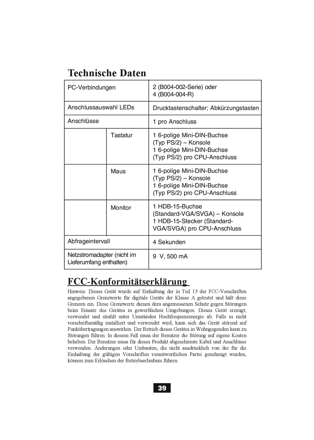 Tripp Lite B004-002 Series, B004-004 Series user manual Technische Daten, FCC-Konformitätserklärung 